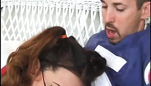 Horny dude gets to pound a geeky cheerleader teen on the sofa