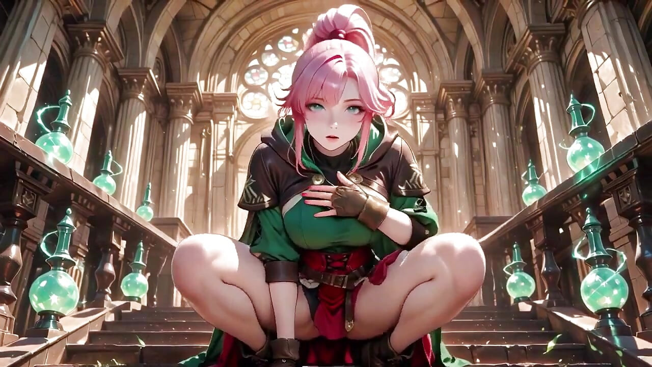 The Pink-haired Mage's Seduction! Kneeling on Soft Sheets in Her Green Bodysuit, She Bites Her Lip with a Gaze