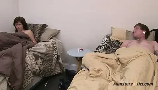 New roommate sucks his cock and he cums on her tits
