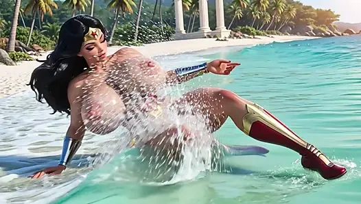 Harika kadın Crystal Lagoon ve güçlü şelale ile Themyscira Cennet Adası'nda çıplak rahatlıyor