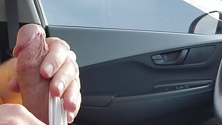 Big balls and stroking hard and thick mushroom tipped veiny cock in a g-string in car