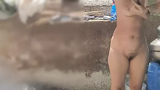 Mamaji's stepdaughter was taking a bath in the open bathroom, the stepbrother saw that the girl was bathing naked.