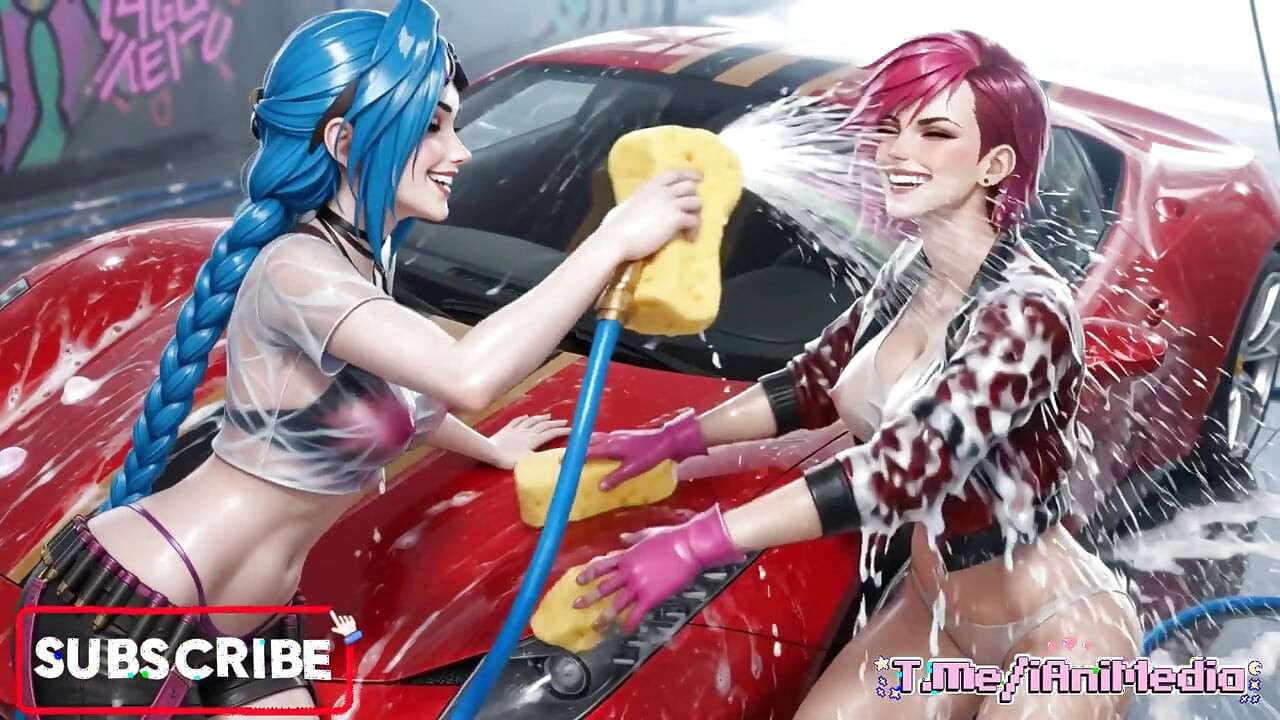 Jinx and Vi Washing the Red Ferrari Wet and Soapy