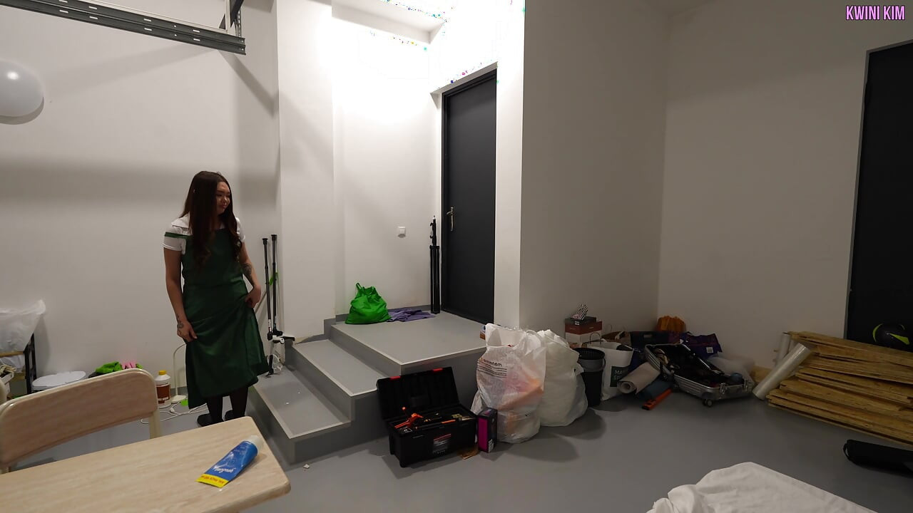 Asian with a Wet and Hairy Cunt Fucked a Builder in a Mouth and Was Fucked His Huge Cock Hard in a Dirty Garage