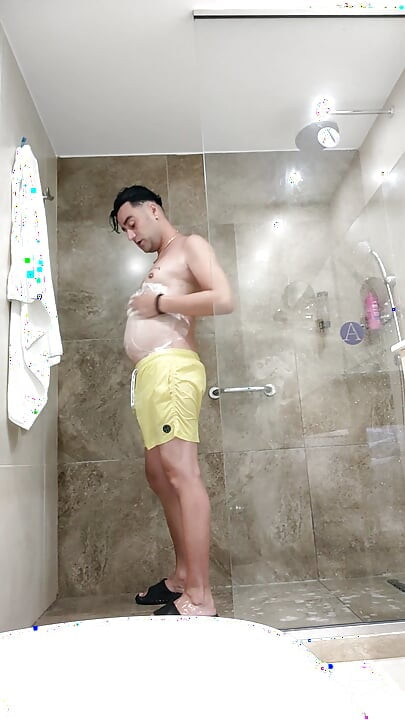 Big Bloated Belly Showering - Naked Shower After Swimming
