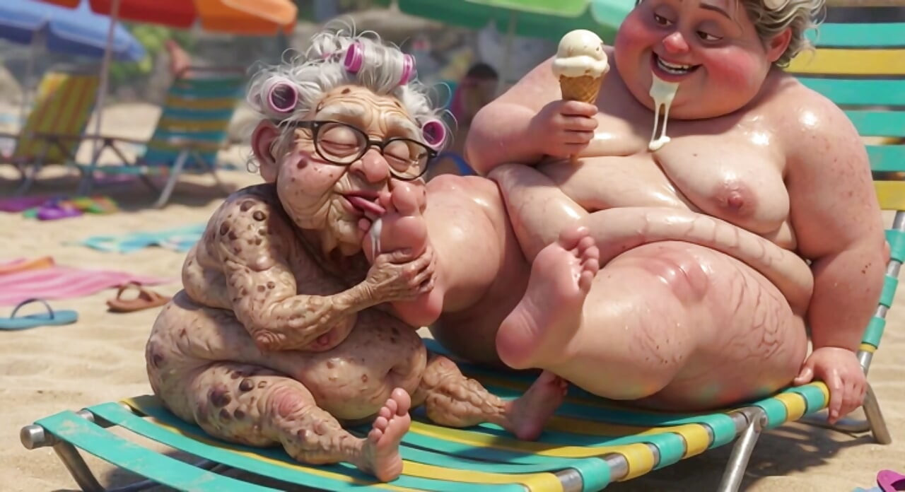 Elderly Granny Passionately Sucking BBW Feet on the Beach