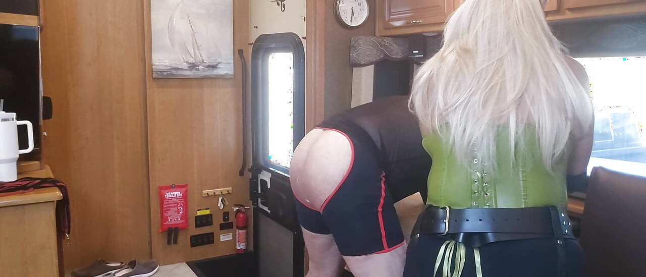 DOMME BLONDIE FUCKS HIS ASS IN THE MOTORHOME