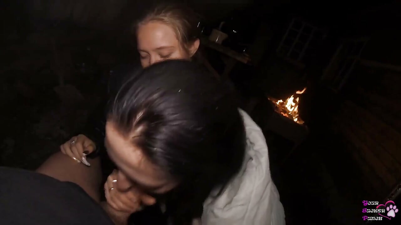 FFm dreier lutschen auf dem garten - doppelter blowjob im freien - oraler creampie