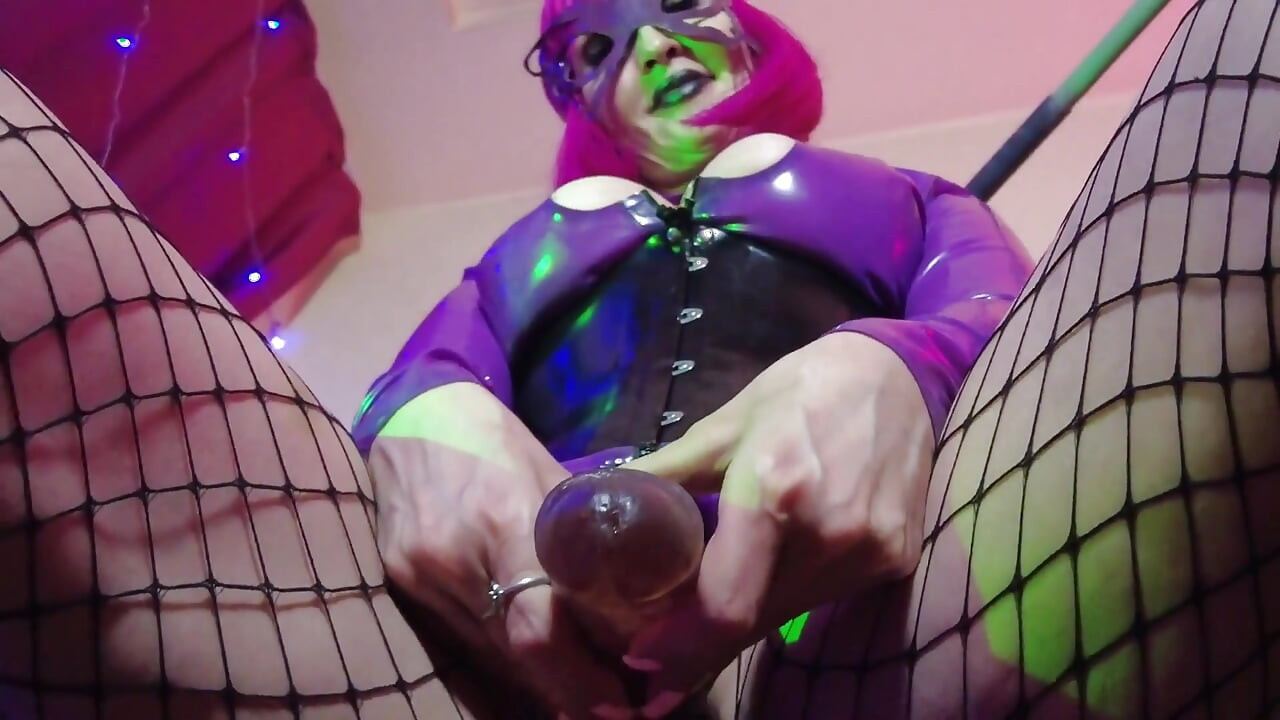 Fetish Rubber Dominatrix Eva Latex Purple Dress Mask Big Ass MILF Toys BDSM Femdom Solo Hot