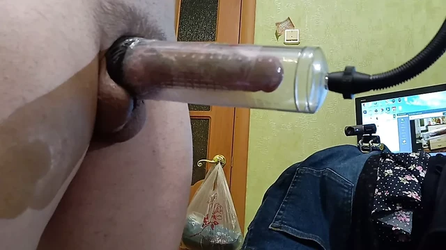 Inflated a big dick in a vacuum pump