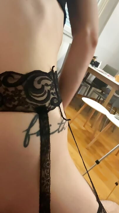 hotwife cuckolding husband with neighbor in stocking and red thong and she is fingering her pussy while riding bull dick