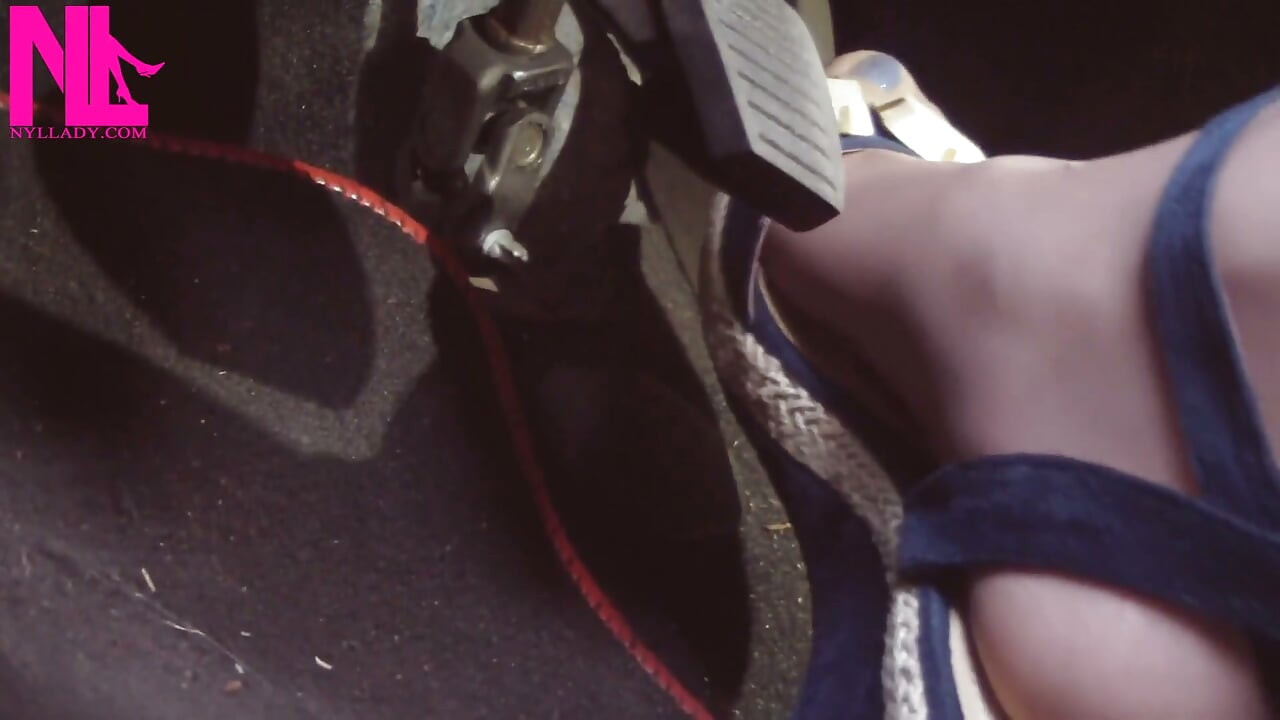 Driving and Revvig in Blue Wedges on My Hosed Feet