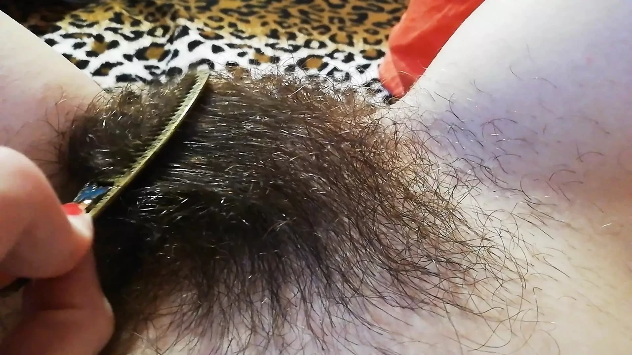 Hairy pussy fetish brushing the bush closeup
