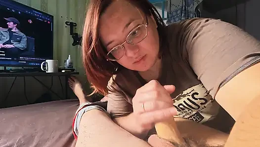Close Up 4K Amateur Girlfriend Blowjob Curvy Brunette with Glasses Sucks and Strokes Cock