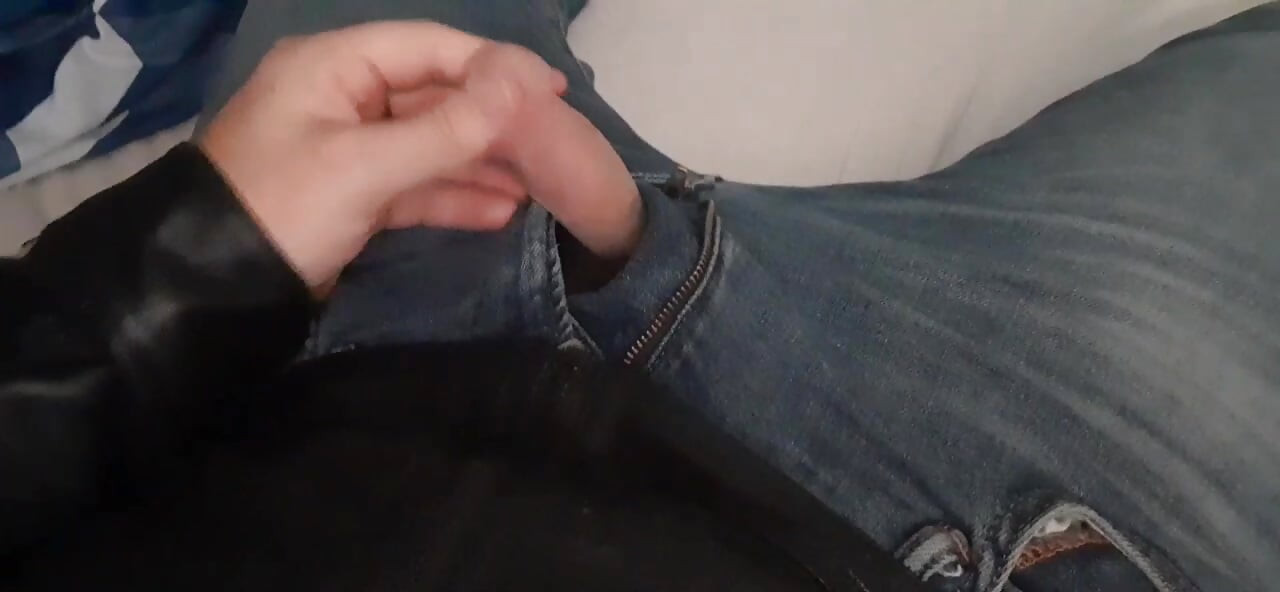 Collared fag cums on leather jacket