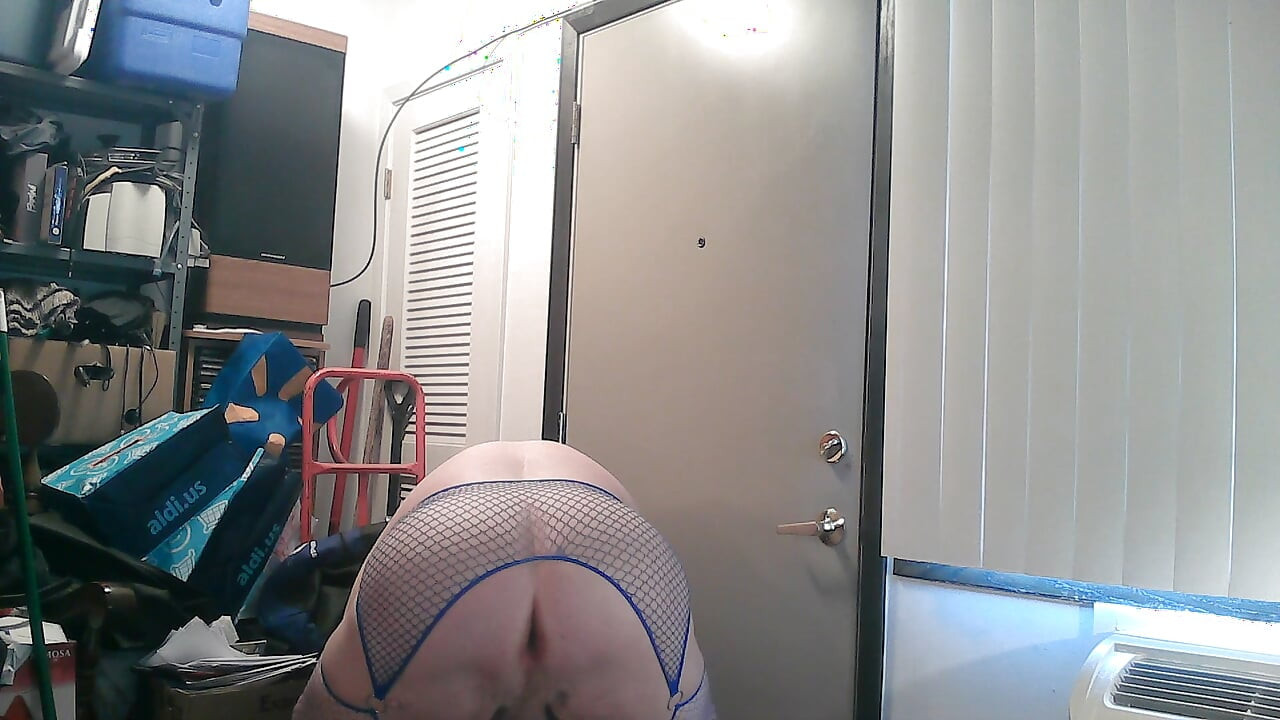 Modeling my new blue fishnet bodystocking and hose