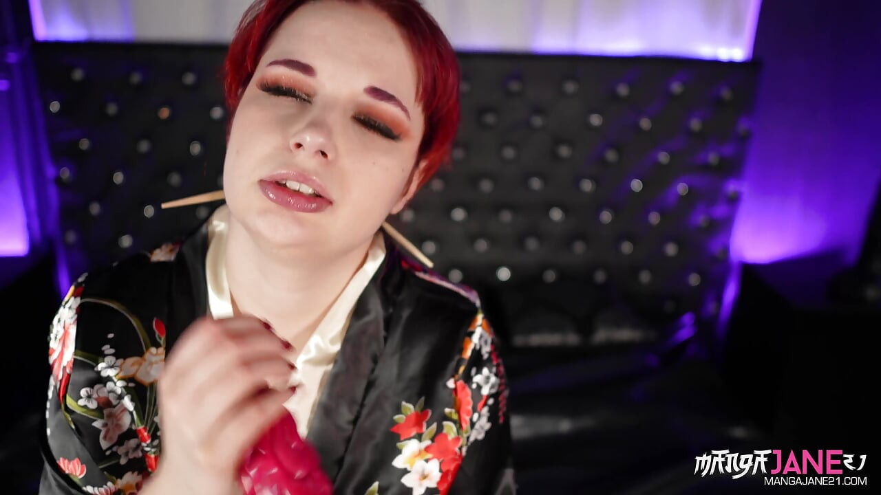 Redhair Teen in Kimono Gives Jerk off Instructions with Aliendildo and Cumshot