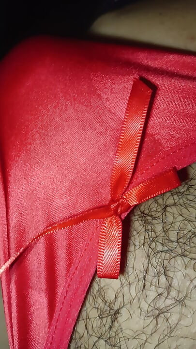 3rd Time Cumming on my Wife's Red satin thong with ribbon So sexy Makes me cum everytime I wear it..