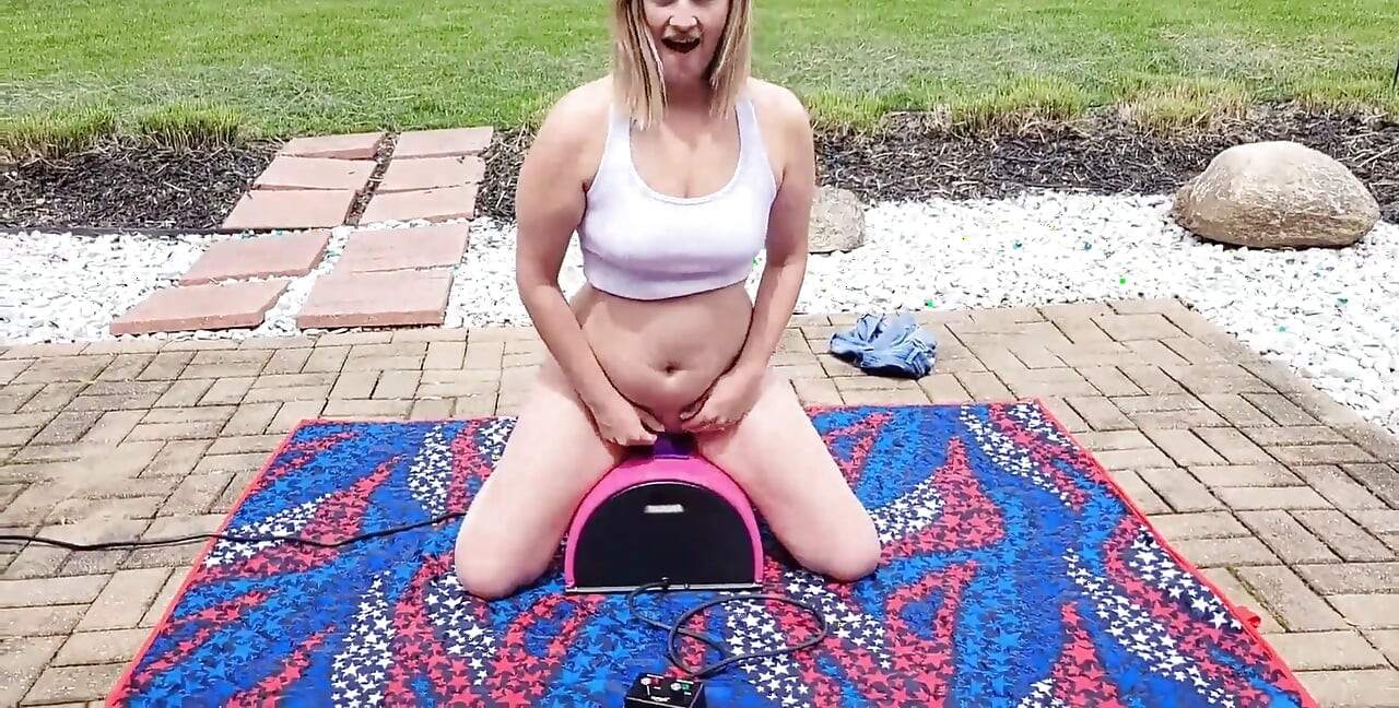 Almost Caught Blonde Hotwife Rides a Sybian Outdoors in Her Backyard