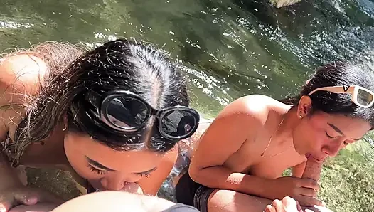 2 Latina swallow 2 cocks of strangers in the middle of the forest