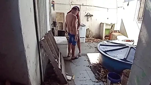 Putting it hot on the cleaning lady in the backyard