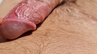 Foreskin rolled back and fingering with precum and huge cumshot extreme close-up detailed view of my crowned glans