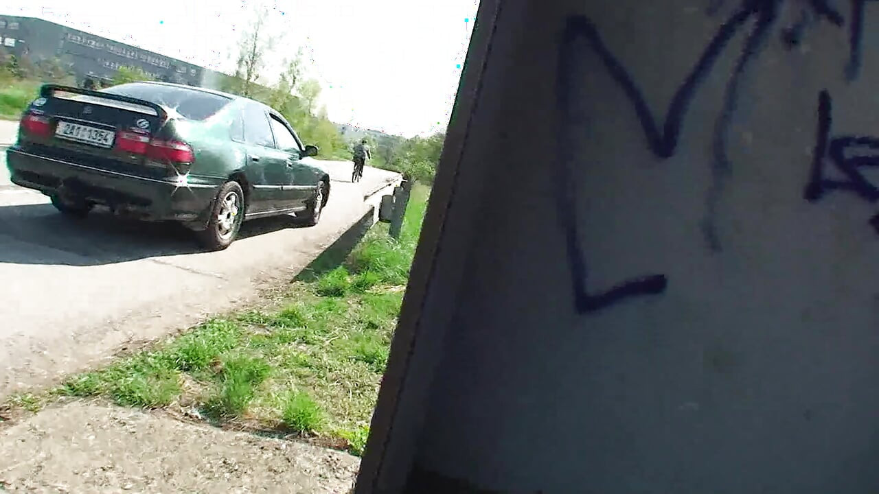 Picked up brunette teen blowing and riding two dicks