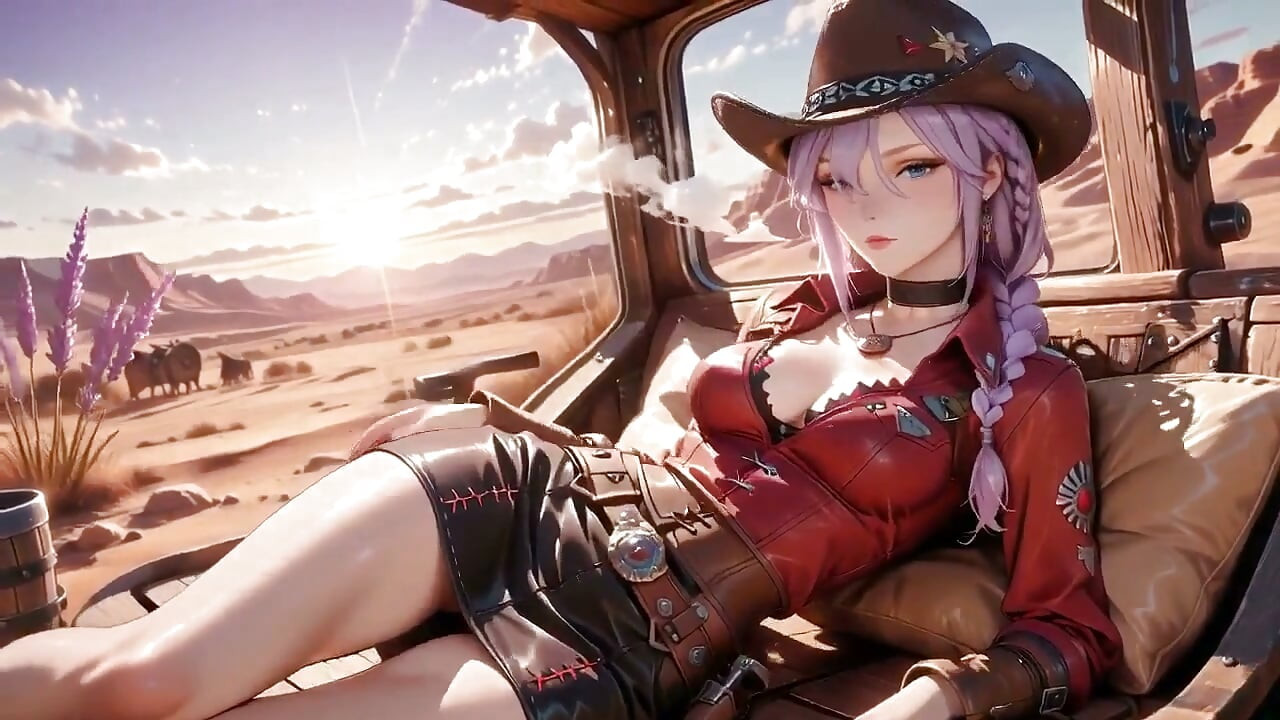 The Deadly Glance in the Desert Sunset. Shouldering a Rifle yet Hiding Her Heaving Chest.