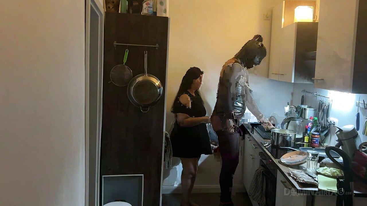 Dominant MILF Stretches Latex Sub's Ass Wide in Kitchen
