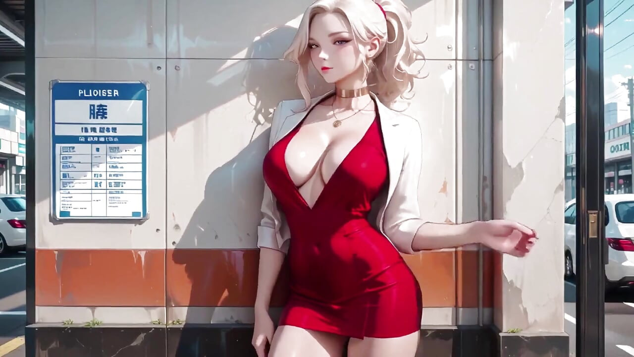 金髪の秘書室の秘密!赤いドレスが曲線を包み、ベージュのスーツは彼女のふくよかさをほとんど隠しきれない