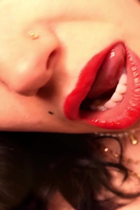Big red lips licking and cock tease