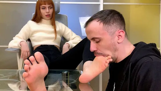 Foot Gagging, Toe Sucking and Feet Licking Femdom with Goddess Kira and Her Slave