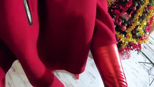 Santa's Horny Slut MILF Blowjob, Doggystyle & Cum on Gloves & Red Coat