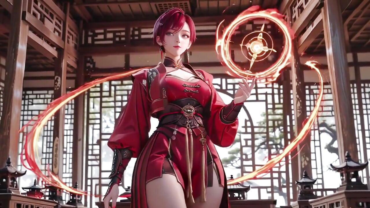 Purple-haired War Maiden in High-slit Kimono, Kneeling to Tease Your Eyes with a Fiery Gaze and a Wet, Forbidden Whisper.