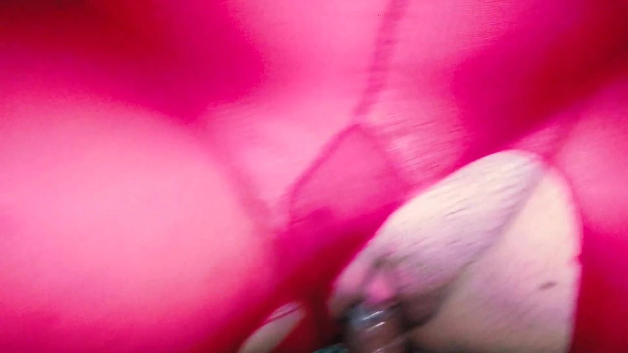 Footjob fuck and cum on bright red pantyhose