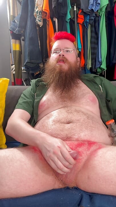 Enjoying a good cock stroke and licking up the cum