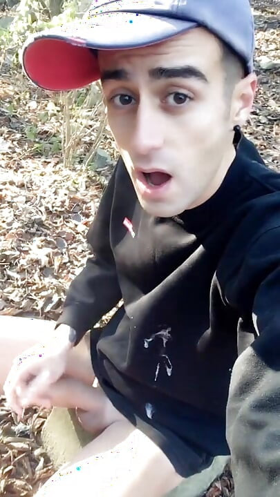 Huge Cumshot on Black Shirt in the Park