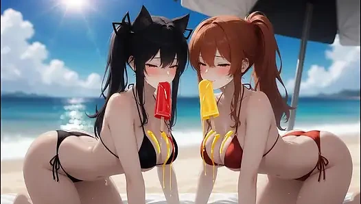 Yapay zekalı gotik güzellik kızıl saçlı güzellikle tanışıyor - plaj geçiti (buz popları yiyor)