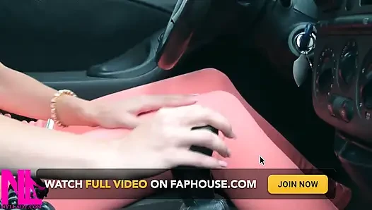 Revving and Handjob to Gear Stick in Nude Nylons and Pink Peeptoed High Heels