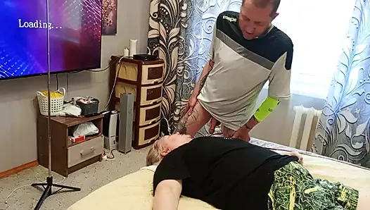 I jerk off my cock and fuck my neighbor in my mouth to cum on her