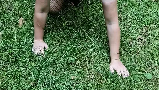 Male bitch in fishnets learns to fetch PL