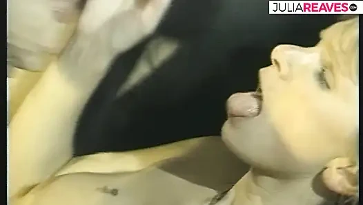 Hot blonde rides a huge cock on the sofa to a mouth cumshot