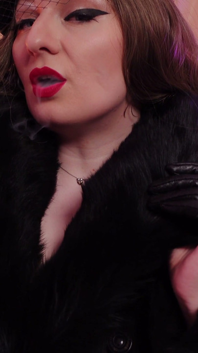 ASMR fur coat fetish, vaping smoking with leather gloves (Arya Grander) | Clip 1