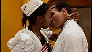 Eager ebony nurse sucks doctor's cock on her knees before getting fucked in his office