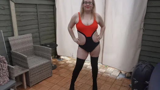 In the Yard in Swimsuit and Thigh Boots