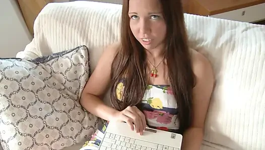 Brunette teen in heels enjoys fuck on the couch