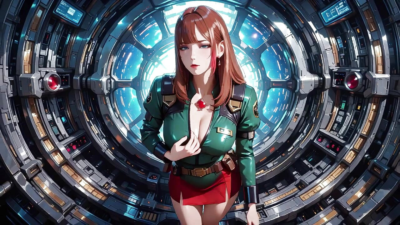 Inside the Sci-Fi Train, she wears a tight green armor, touching her red lips while gazing at the galaxy through the porthole.