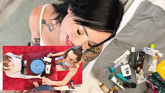 Hot and horny tattooed brunette babe gives an incredible handjob while trying on different cremes on a big cock
