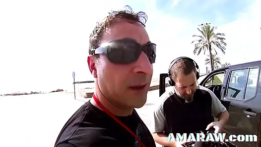 Blonde slut Jessica Jensen doggy styled by a car outdoors