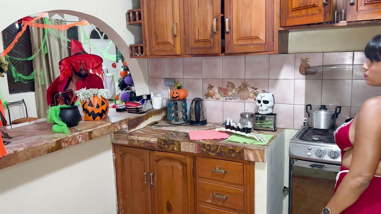 I celebrate Halloween with my stepdaughter while my husband watches television.